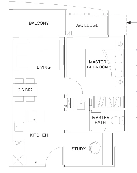 Rezi 3two floor plan, type A1: 1-Bedroom + Study, 452 sq ft