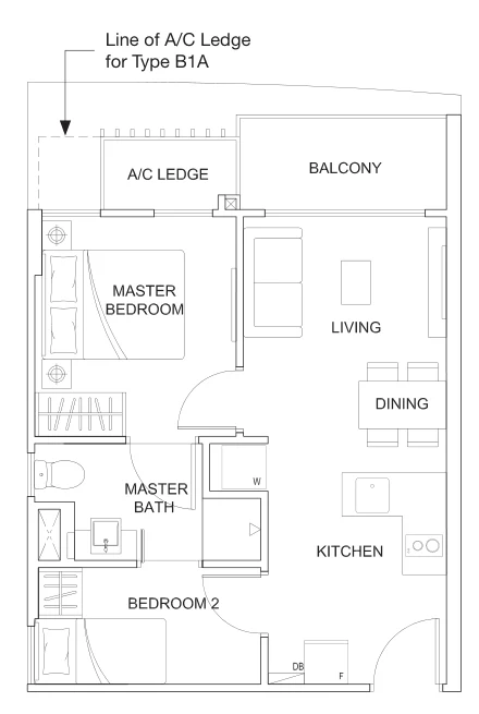 Rezi 3two floor plan, type B1: 2-Bedroom, 474 sq ft