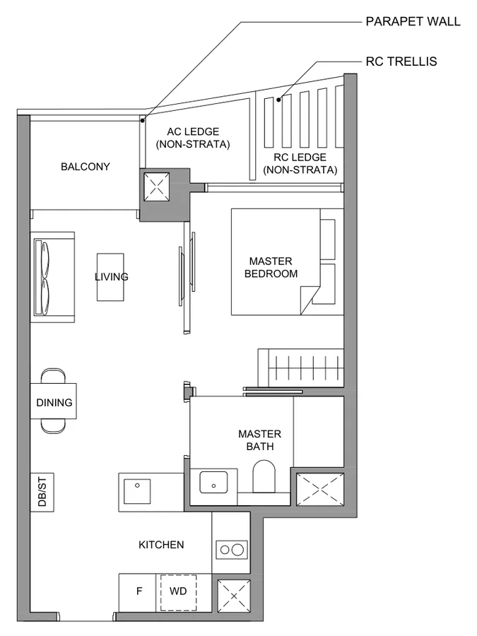 River Green floor plan, type A1: 1-Bedroom, 420 sq ft