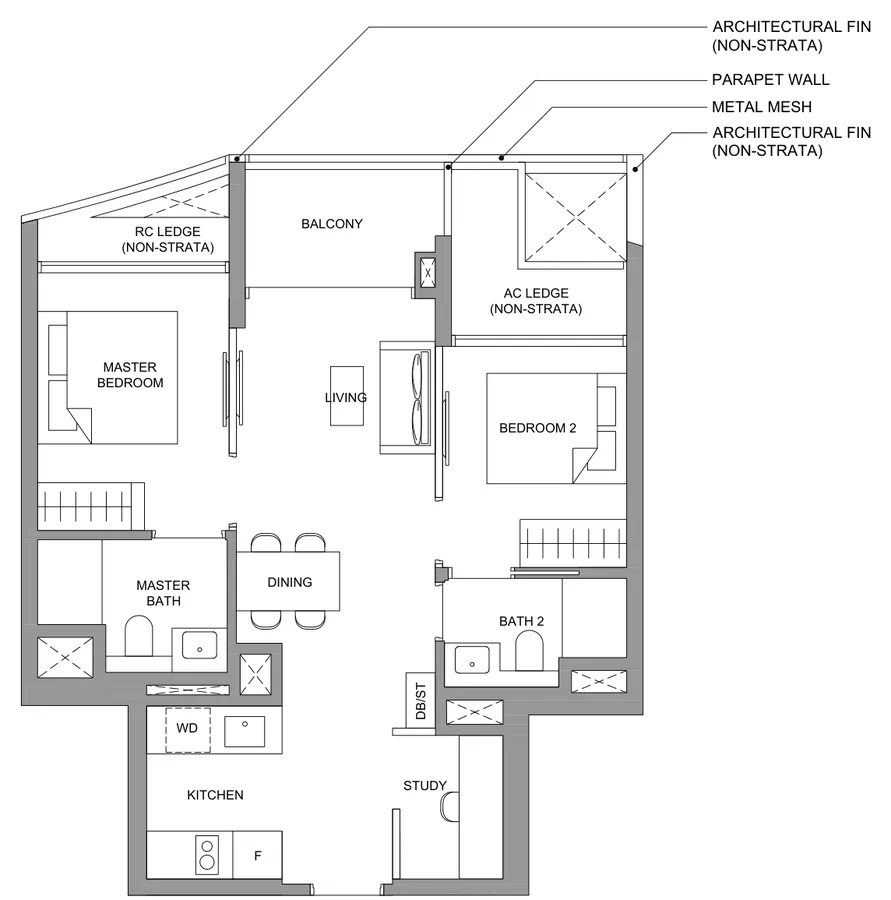 River Green floor plan, type BS1: 2-Bedroom + Study, 657 sq ft