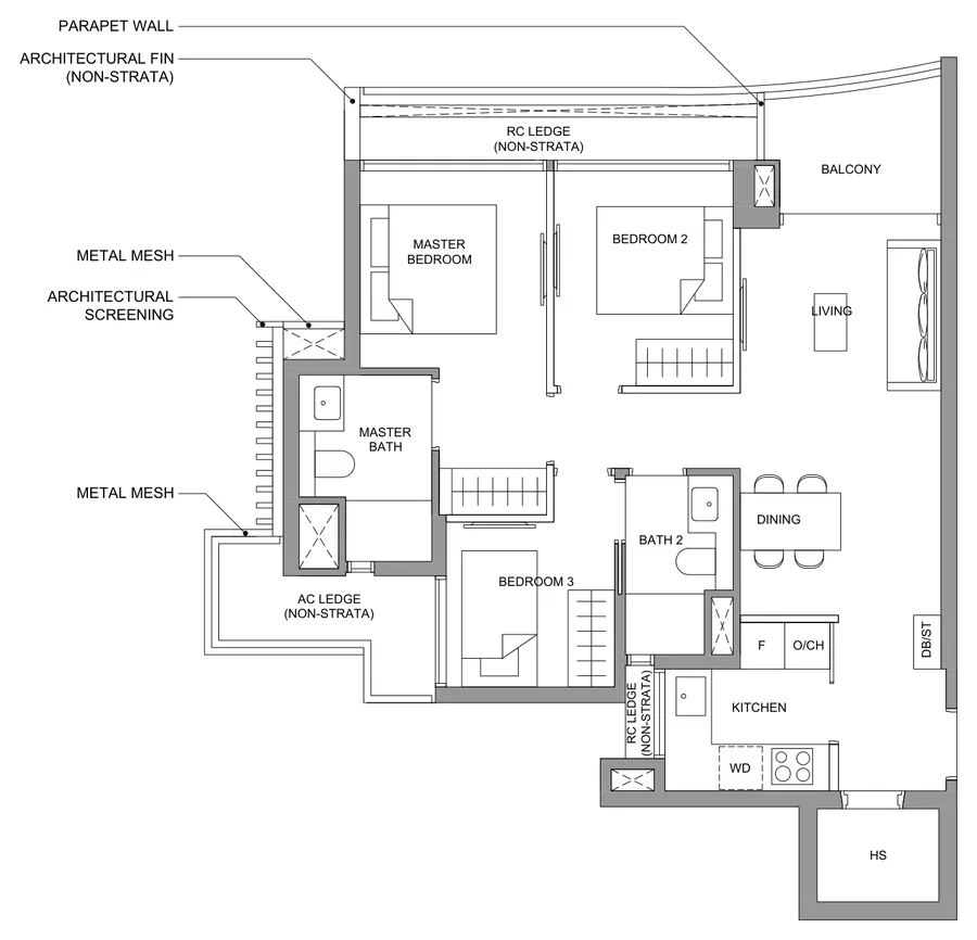 River Green floor plan, type C1: 3-Bedroom, 786 sq ft