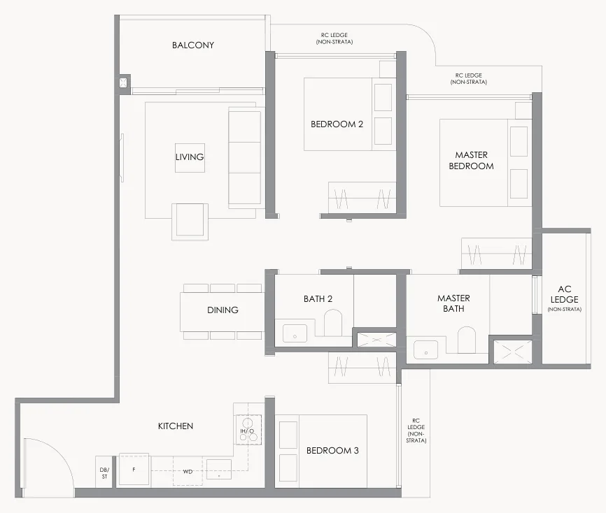 River Modern floor plan, type C1: 3-Bedroom, 797 sq ft