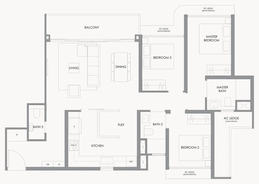River Modern floor plan, type C5: 3-Bedroom, 1,098 sq ft