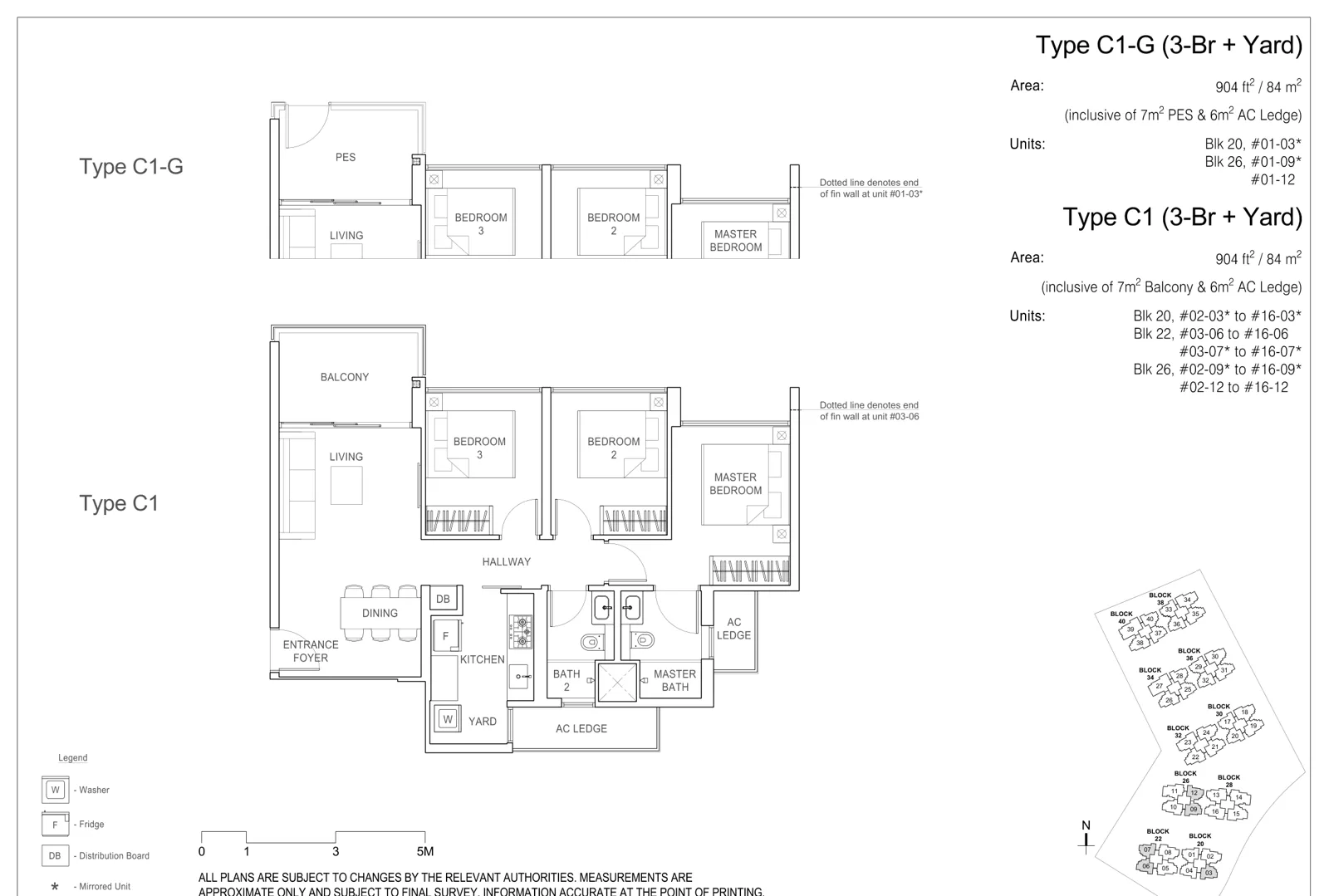 Rivercove Residences floor plan, type C1: 3-Bedroom, 904 sq ft