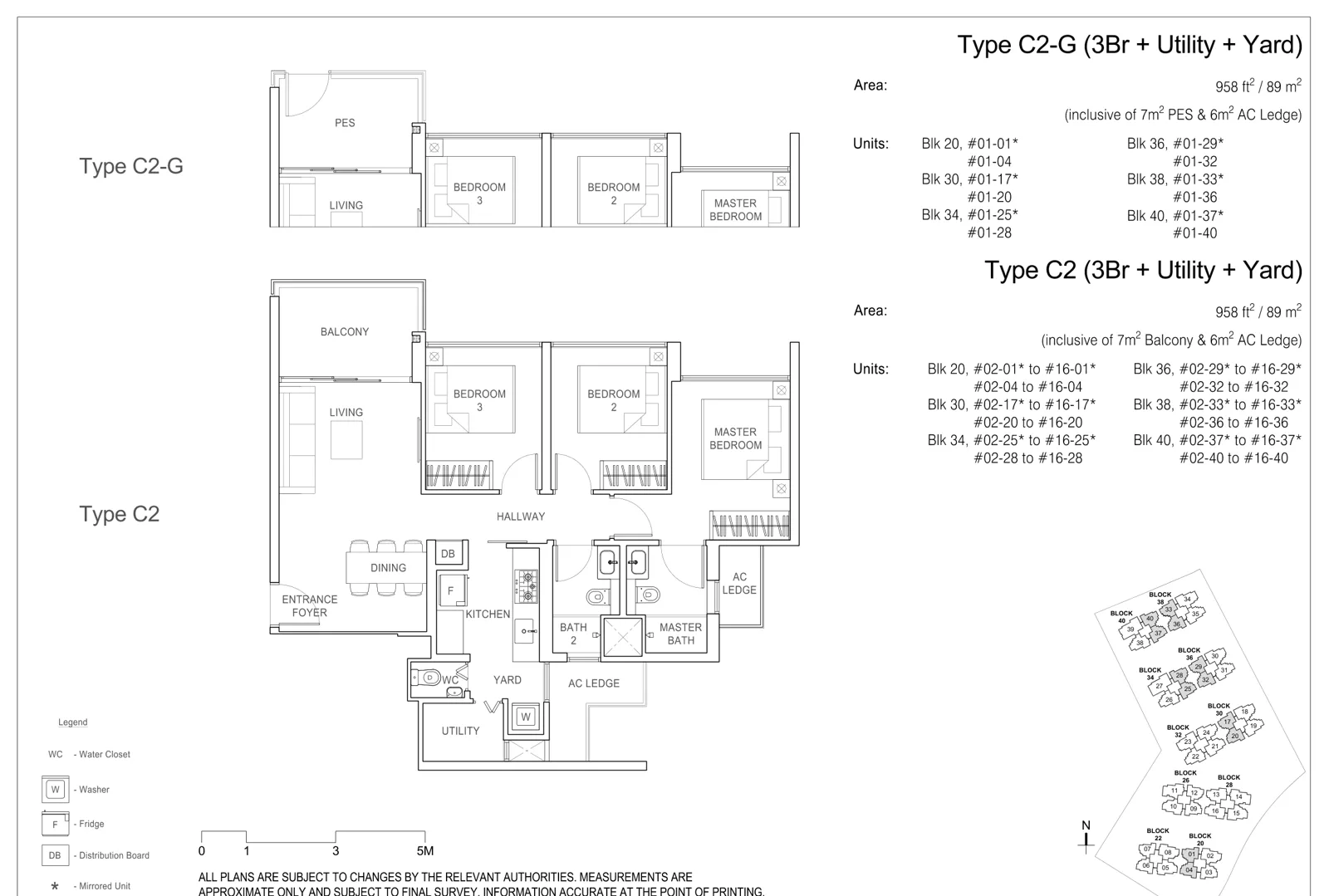 Rivercove Residences floor plan, type C2: 3-Bedroom, 958 sq ft