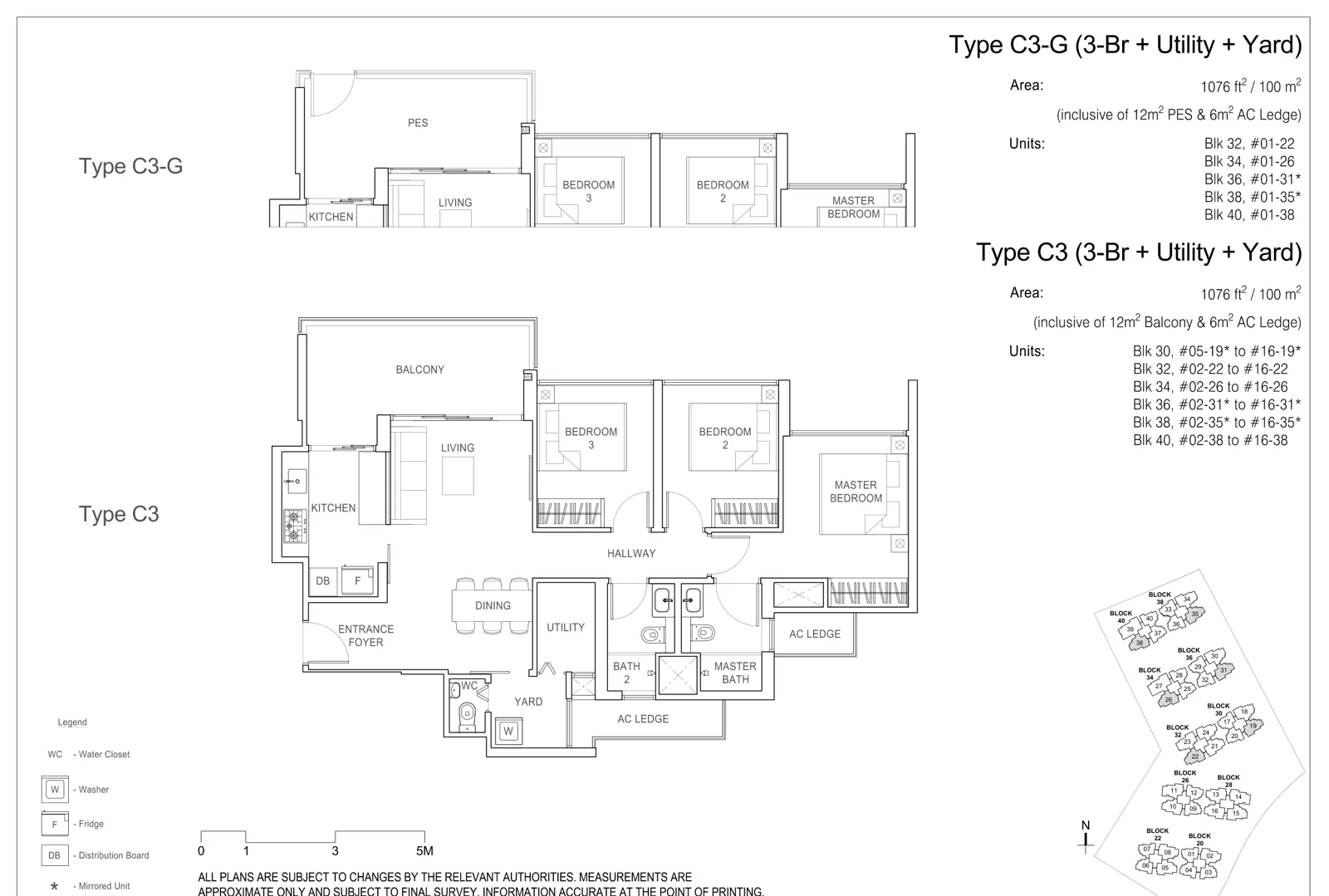 Rivercove Residences floor plan, type C3: 3-Bedroom, 1,076 sq ft