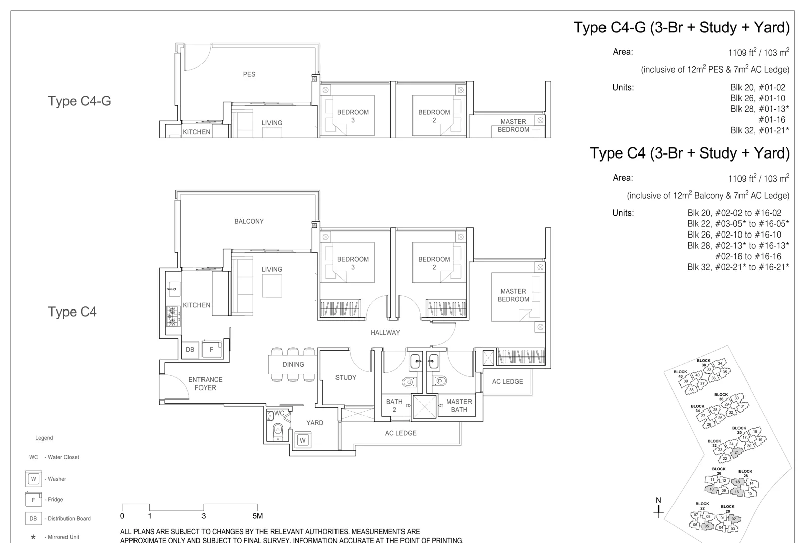 Rivercove Residences floor plan, type C4: 3-Bedroom + Study, 1,109 sq ft
