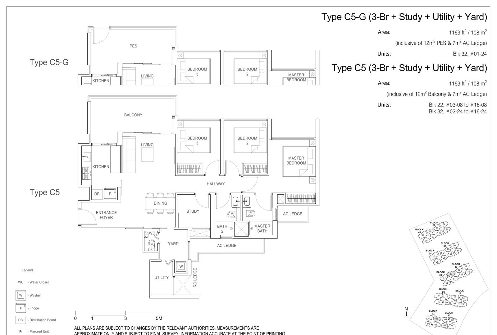 Rivercove Residences floor plan, type C5: 3-Bedroom + Study, 1,163 sq ft