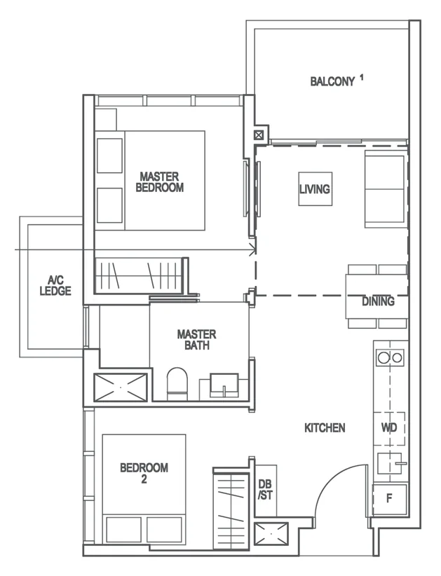 Riverfront Residences floor plan, type B1: 2-Bedroom, 603 sq ft