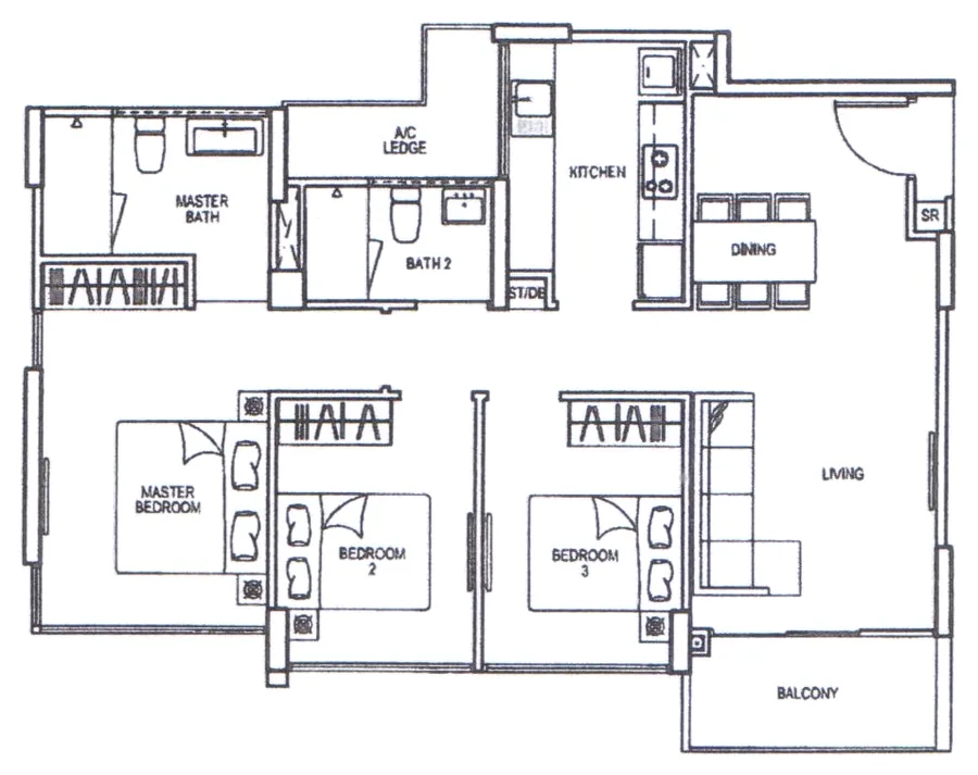 RiverParc Residence floor plan, type C1: 3-bed