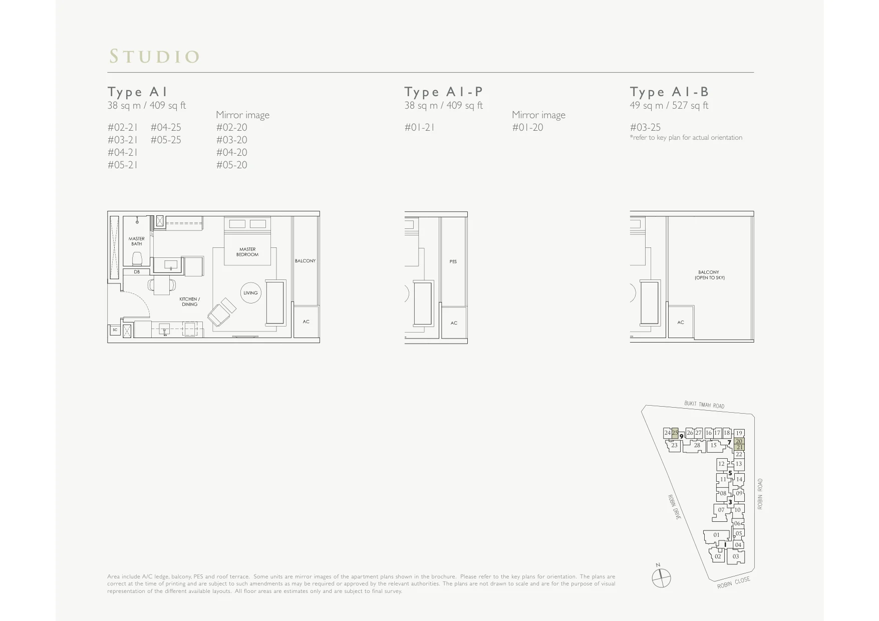 Robin Residences floor plan, type A1: Studio, 409 sq ft