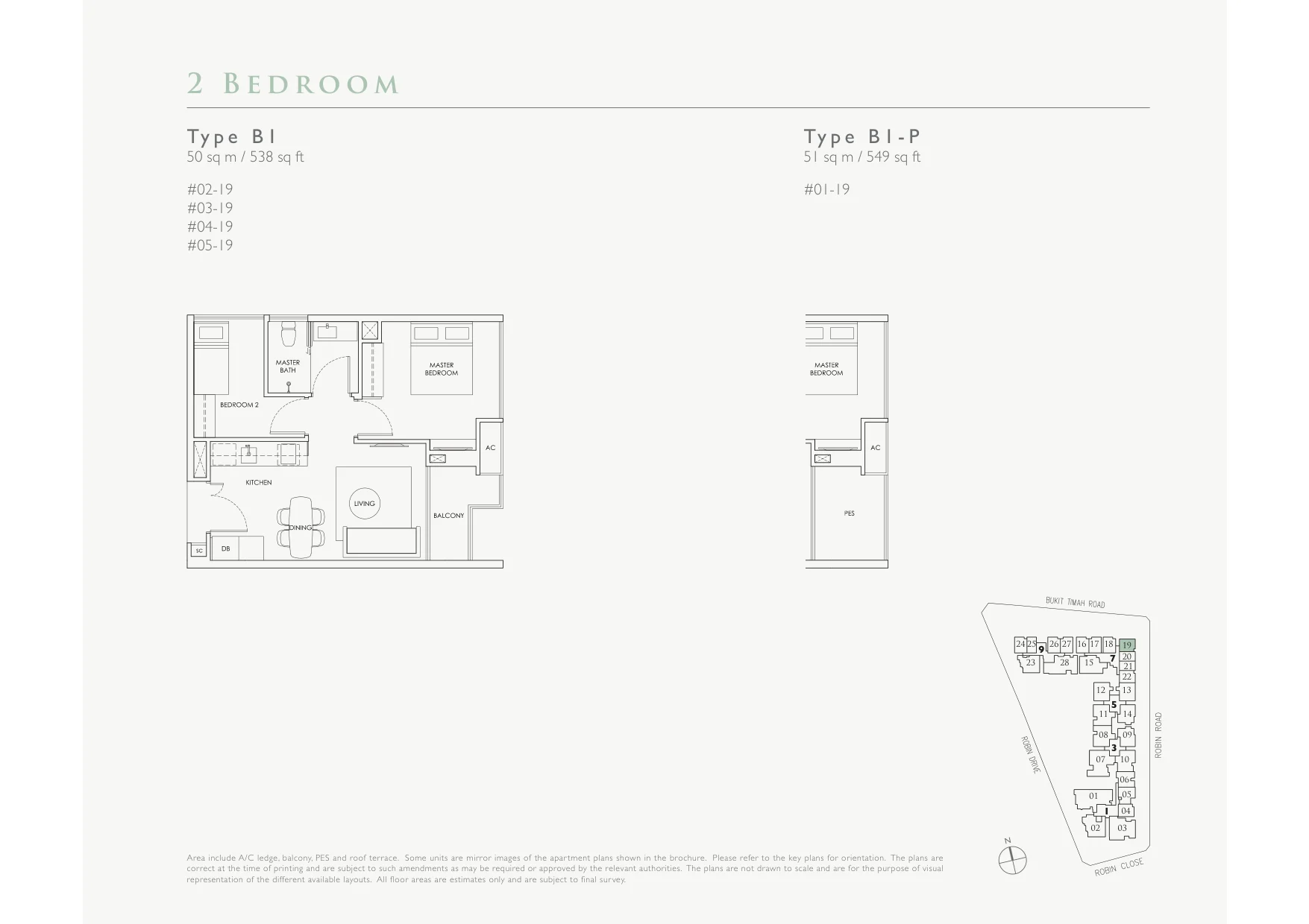 Robin Residences floor plan, type B1: 2-Bedroom, 538 sq ft