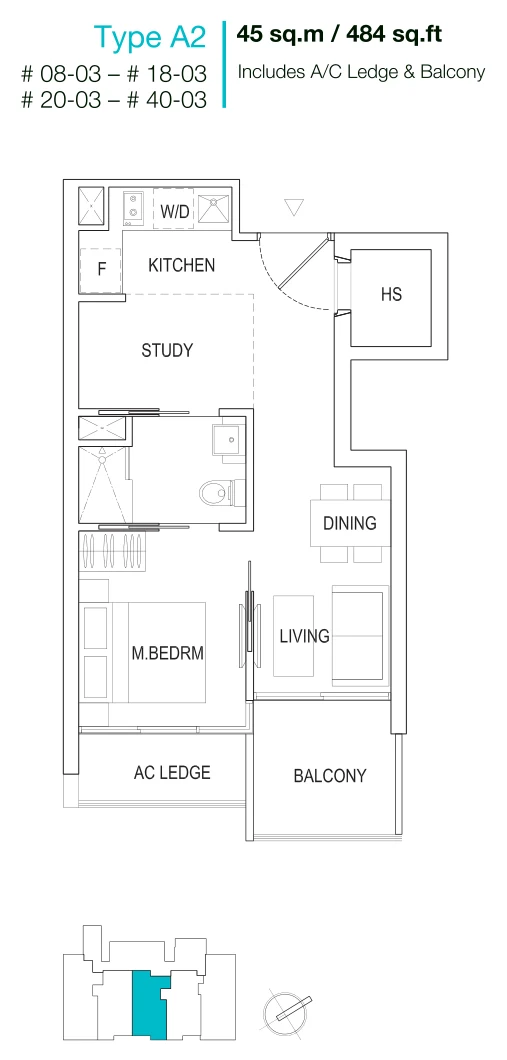 Robinson Suites floor plan, type A2: 1-Bedroom + Study, 484 sq ft