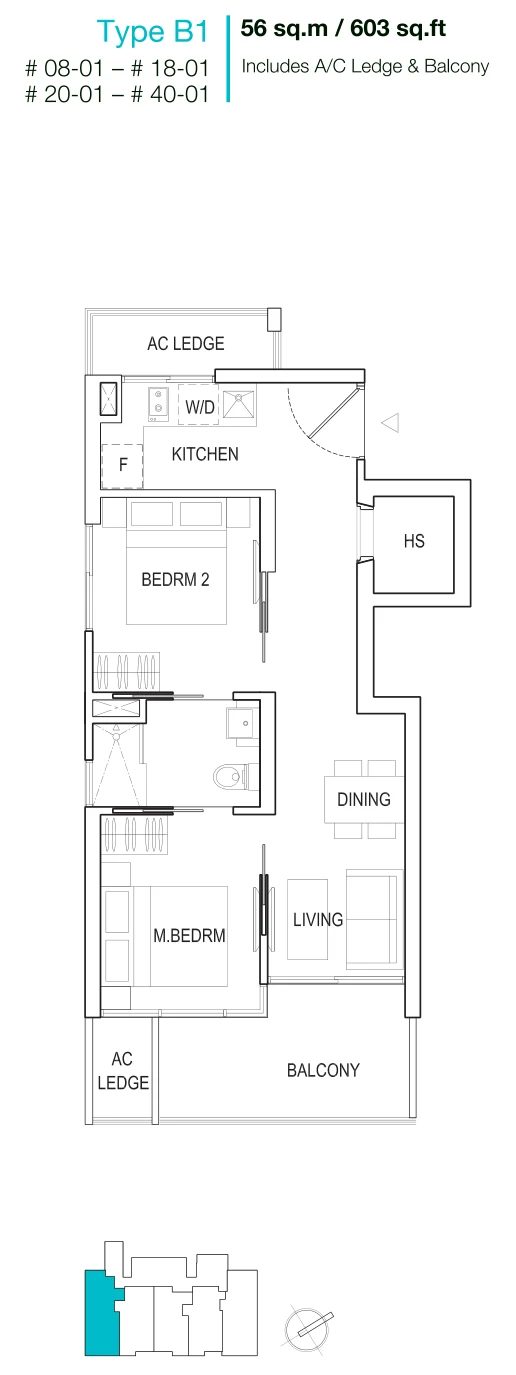 Robinson Suites floor plan, type B1: 2-Bedroom, 603 sq ft