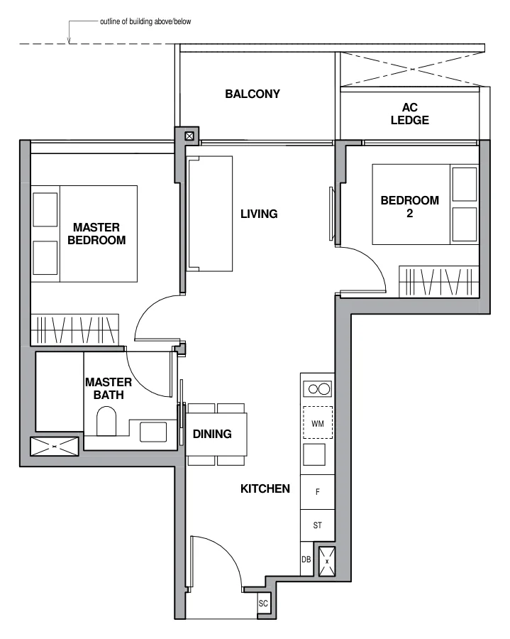Royalgreen floor plan, type B-1: 2-Bedroom, 635 sq ft