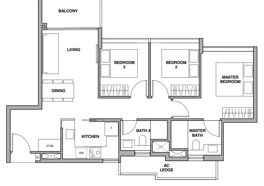 Royalgreen floor plan, type C-1: 3-Bedroom, 926 sq ft
