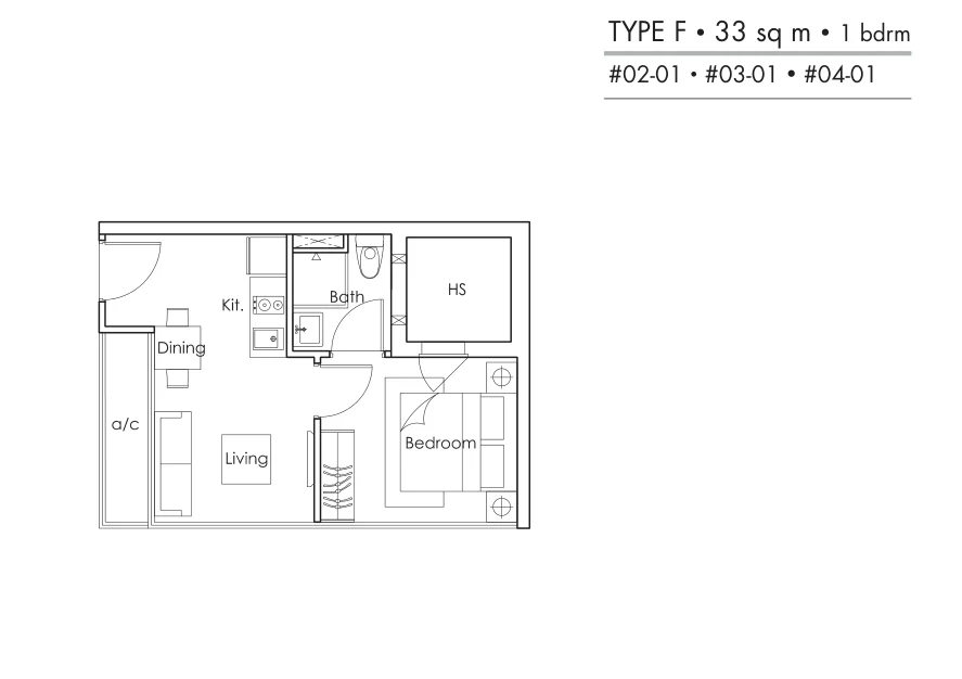 RV Point floor plan, type F: 1-Bedroom (some + Study), 355 sq ft