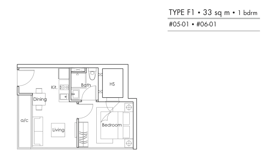 RV Point floor plan, type F1: 1-Bedroom (some + Study), 355 sq ft