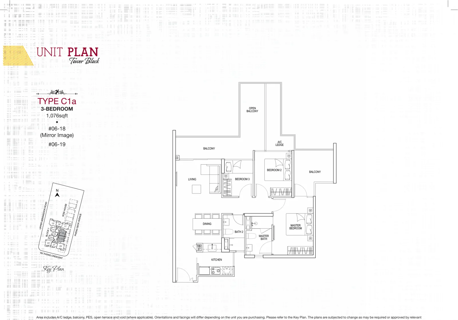 Sant Ritz floor plan, type C1a: 3-Bedroom, 1,076 sq ft