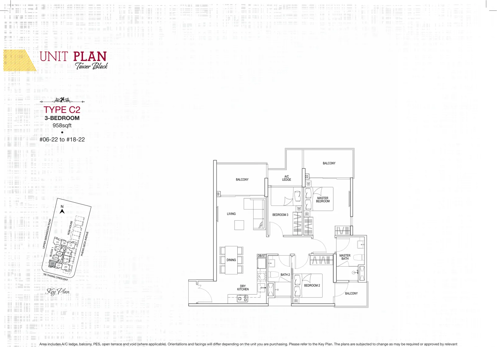 Sant Ritz floor plan, type C2: 3-Bedroom, 958 sq ft