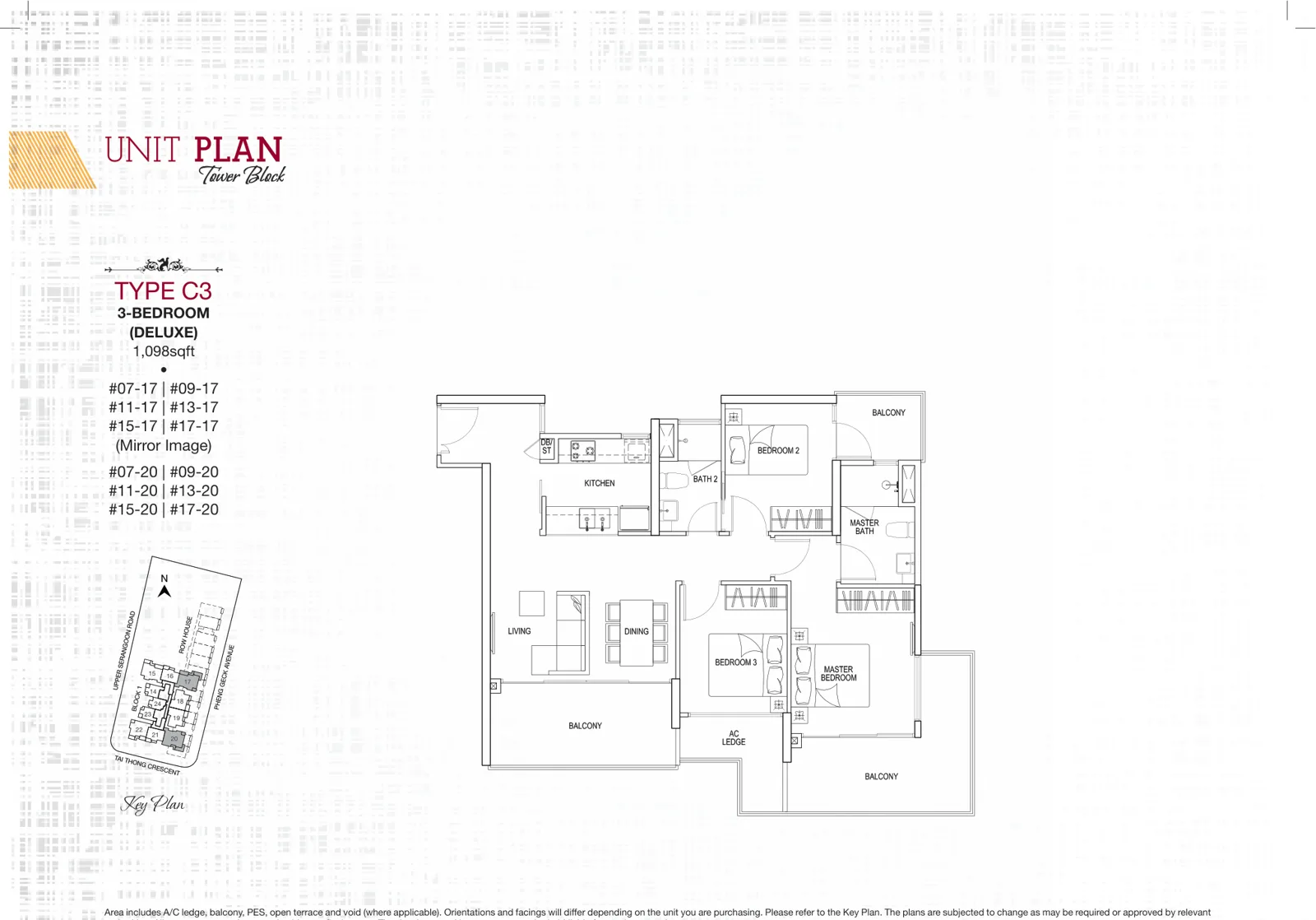 Sant Ritz floor plan, type C3: 3-Bedroom, 1,098 sq ft