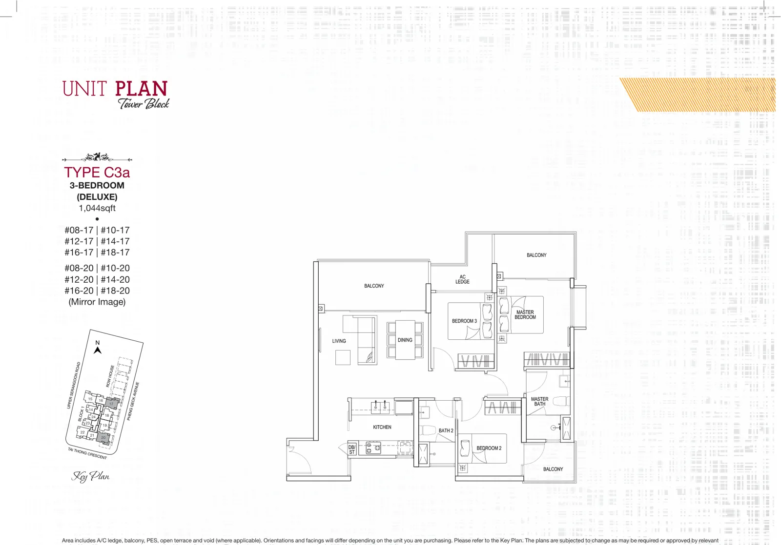 Sant Ritz floor plan, type C3a: 3-Bedroom, 1,044 sq ft