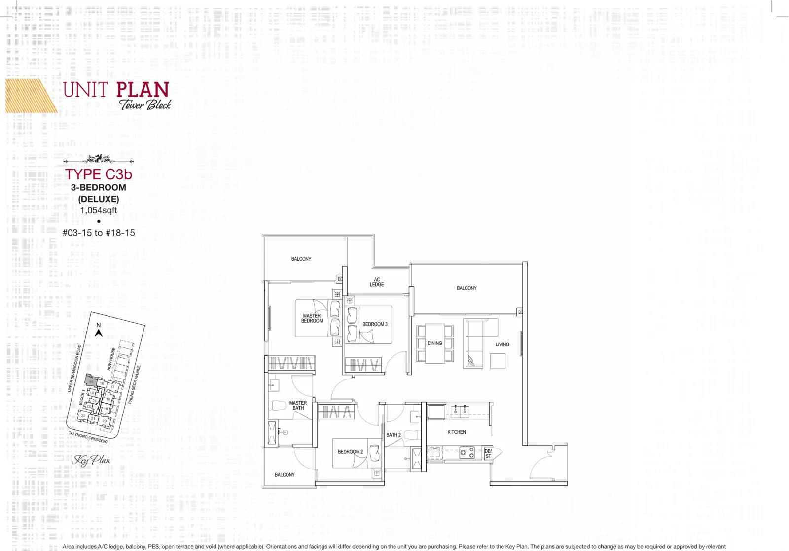 Sant Ritz floor plan, type C3b: 3-Bedroom, 1,055 sq ft