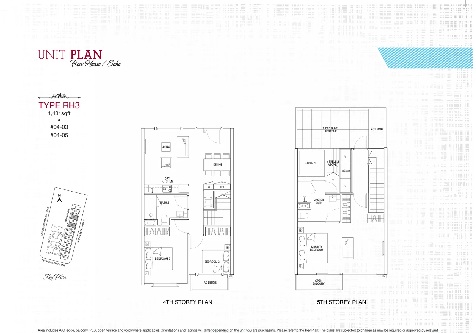 Sant Ritz floor plan, type RH3: Row house home, 3 bedrooms, 1,432 sq ft