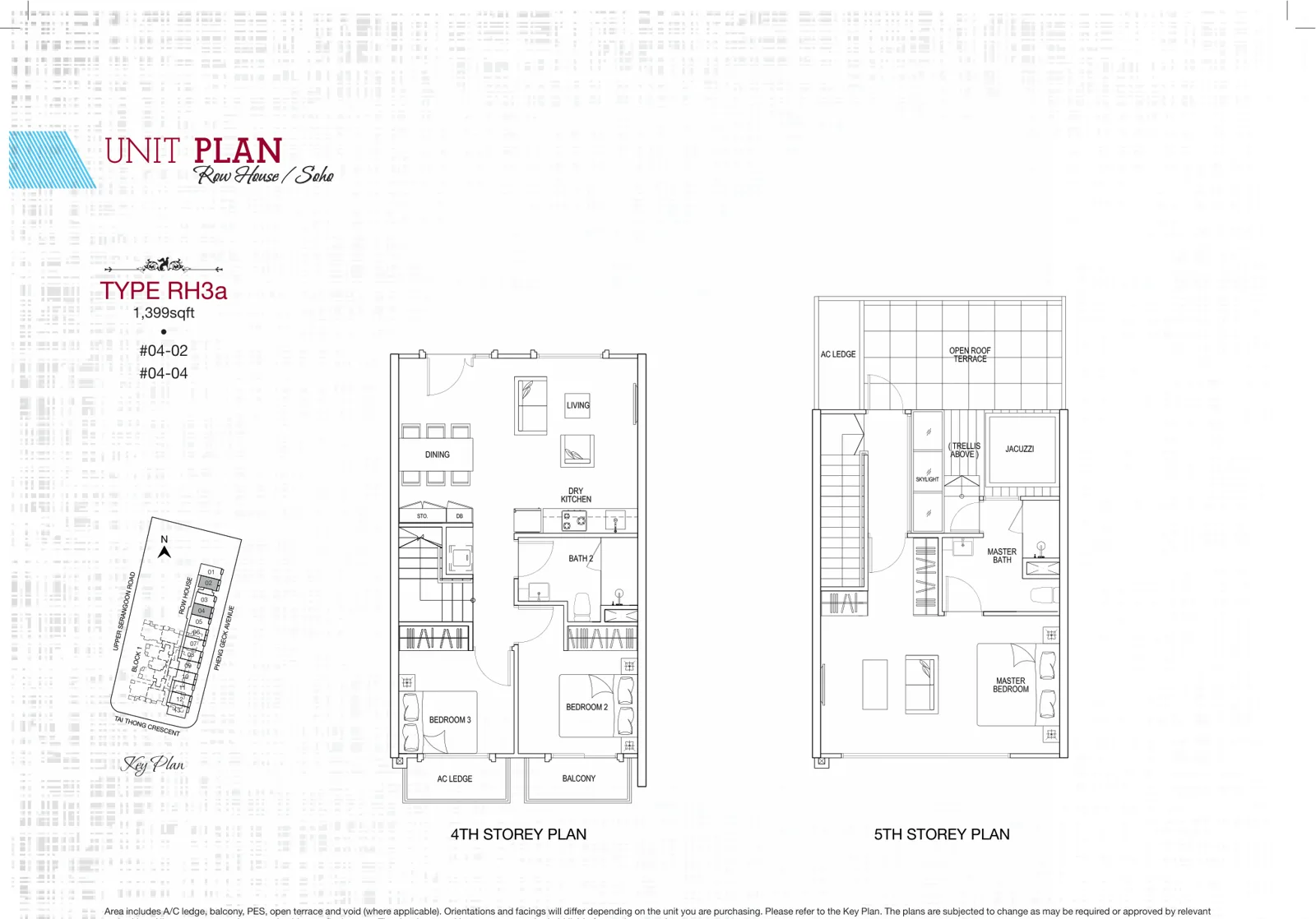 Sant Ritz floor plan, type RH3a: Row house home, 3 bedrooms, 1,399 sq ft