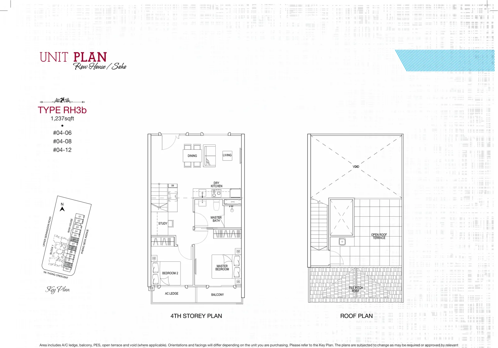 Sant Ritz floor plan, type RH3b: Row house home, 2 bedrooms, 1,238 sq ft