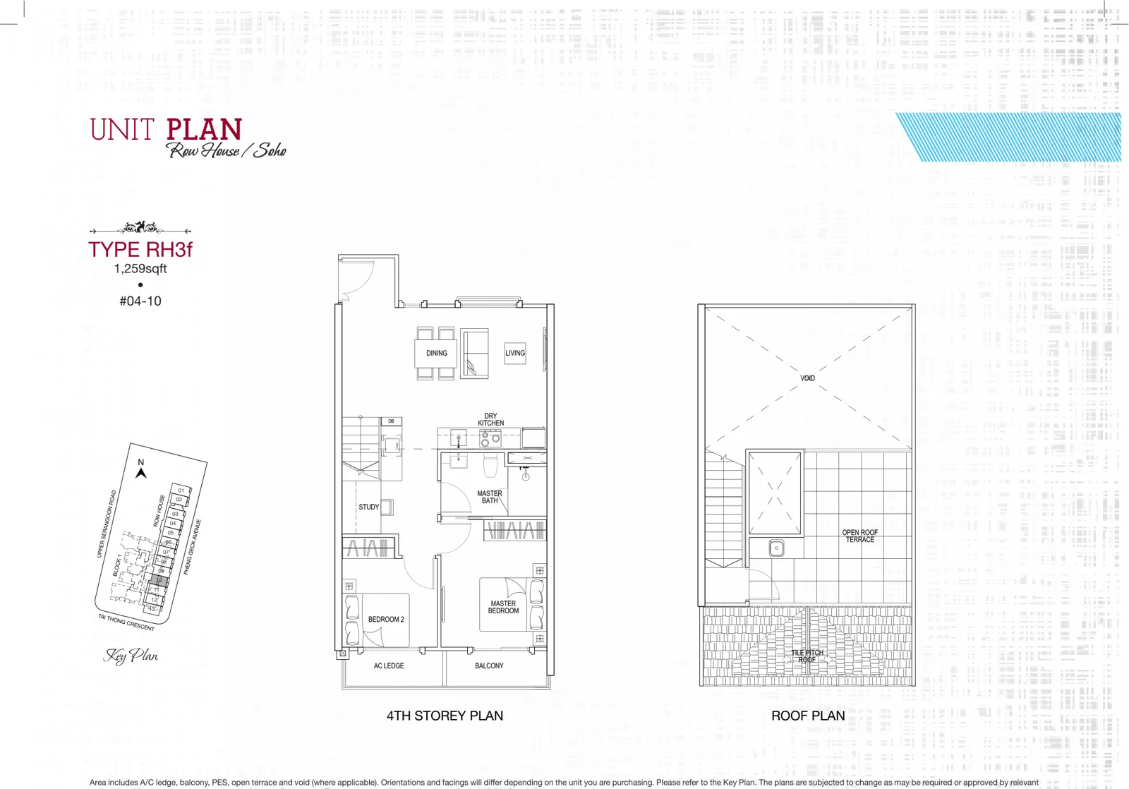 Sant Ritz floor plan, type RH3f: Row house home, 2 bedrooms, 1,259 sq ft