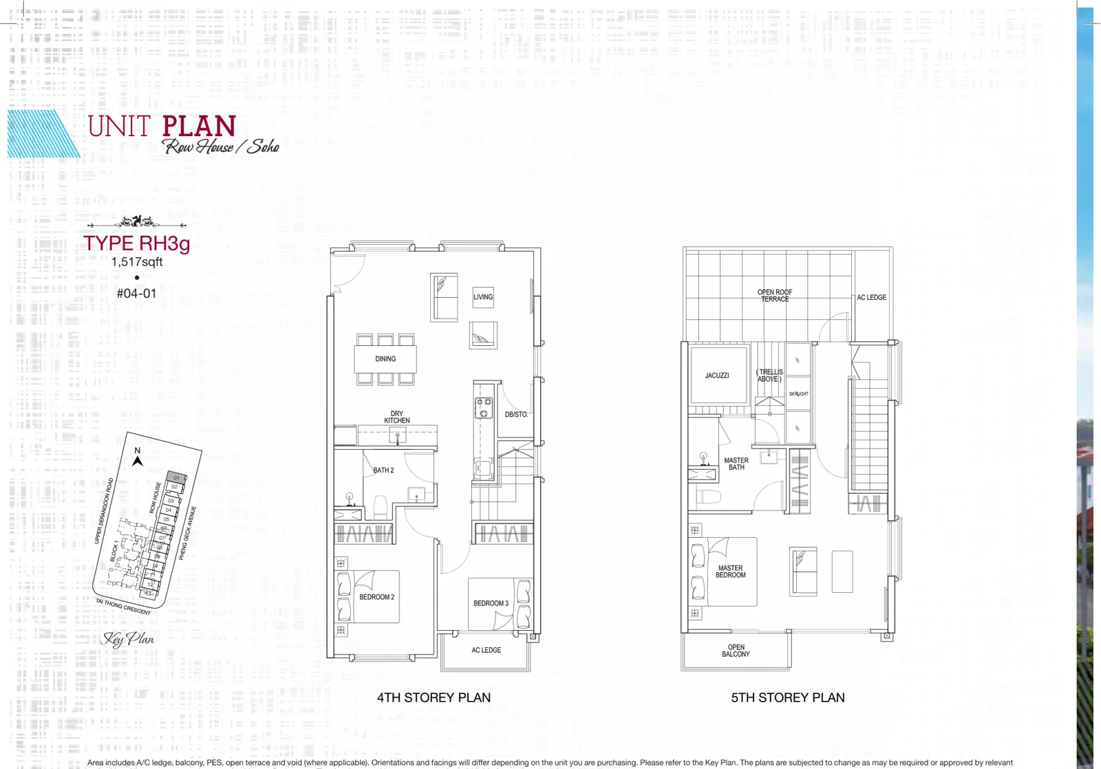 Sant Ritz floor plan, type RH3g: Row house home, 3 bedrooms, 1,518 sq ft