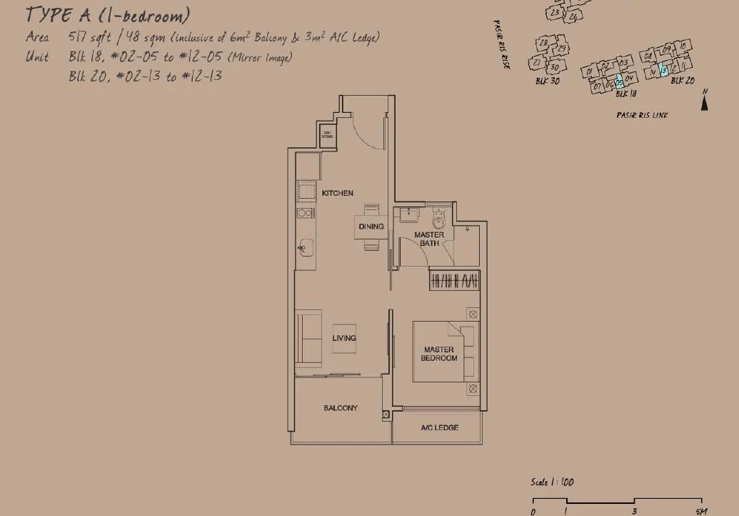 Sea Esta floor plan, type A: 1-Bedroom, 517 sq ft