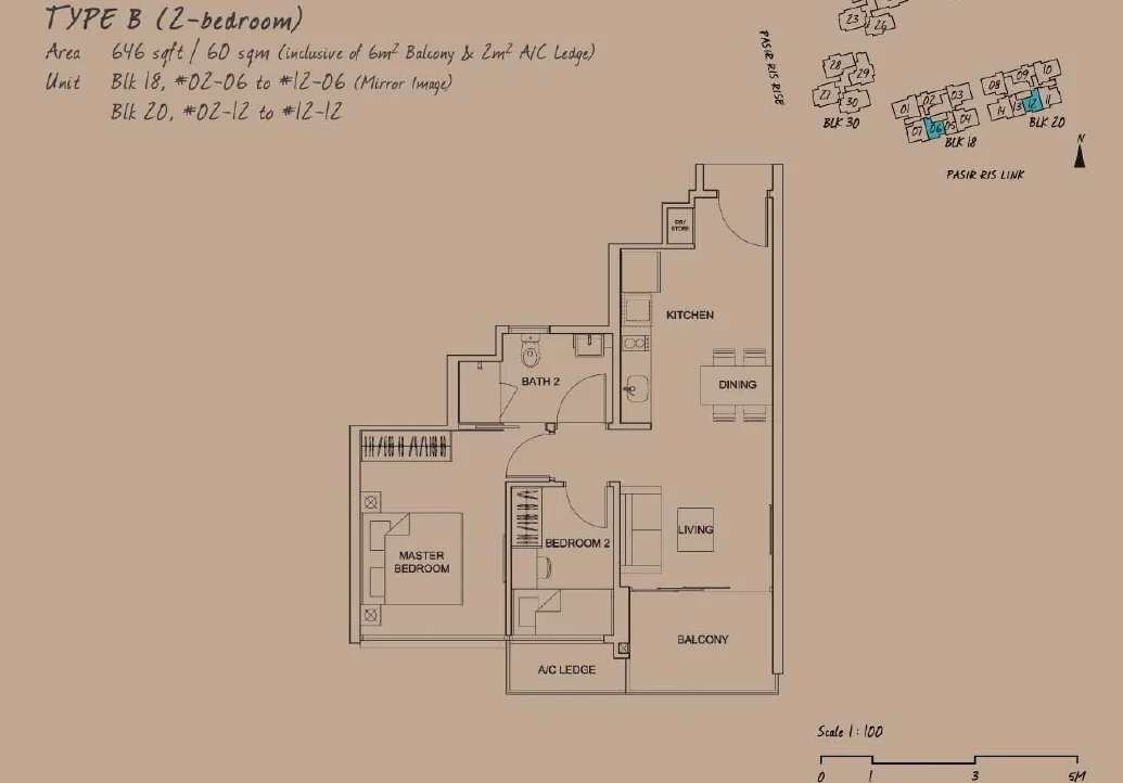 Sea Esta floor plan, type B: 2-Bedroom, 646 sq ft