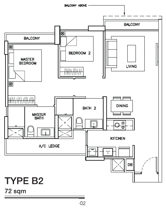 Sea Horizon floor plan, type B2: 2-Bedroom, 775 sq ft