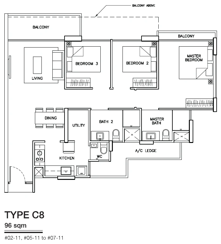 Sea Horizon floor plan, type C8: 3-Bedroom, 1,033 sq ft