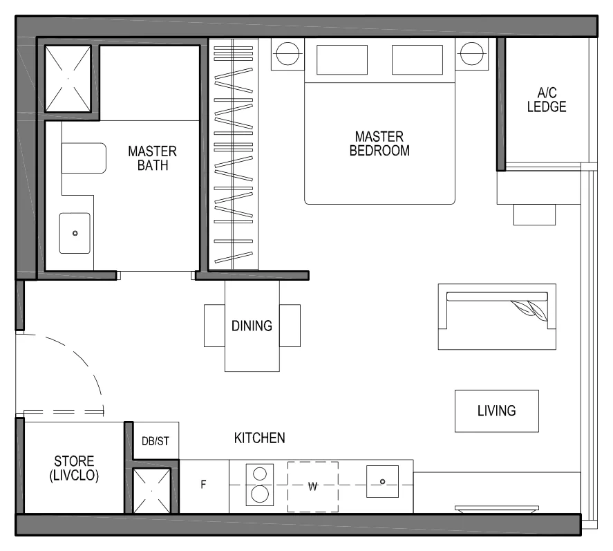Seaside Residences floor plan, type A2: 1-Bedroom Suites, 420 sq ft
