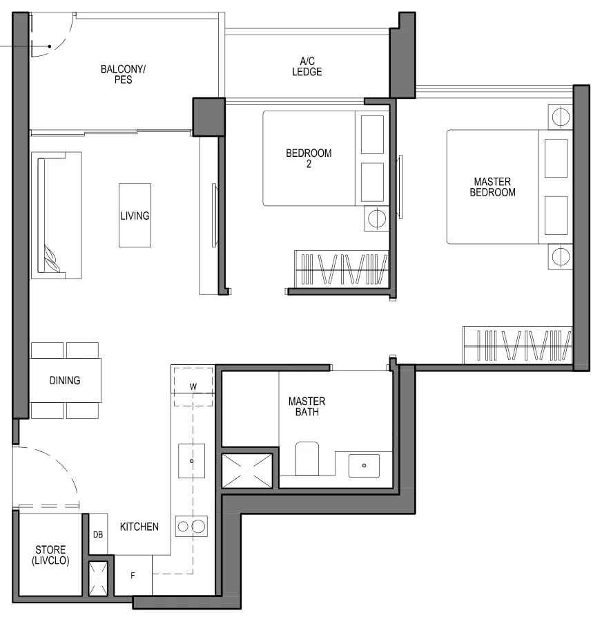 Seaside Residences floor plan, type B1: 2-Bedroom Viva, 678 sq ft