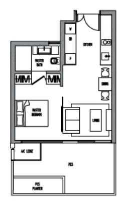 Sennett Residence floor plan, type LA1G: 1-Bedroom, 603 sq ft