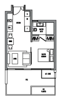 Sennett Residence floor plan, type LA1Ga: 1-Bedroom, 592 sq ft
