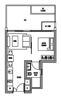 Sennett Residence floor plan, type LA2G: 1-Bedroom, 570 sq ft