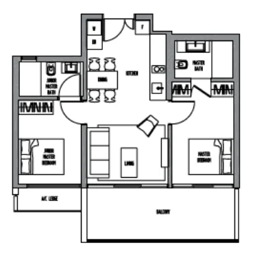 Sennett Residence floor plan, type LB1: 2-Bedroom, 818 sq ft