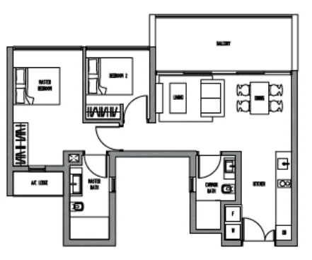Sennett Residence floor plan, type LB2: 2-Bedroom, 893 sq ft