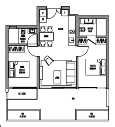 Sennett Residence floor plan, type LB1G: 2-Bedroom, 958 sq ft