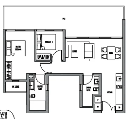 Sennett Residence floor plan, type LB2G: 2-Bedroom, 1,109 sq ft
