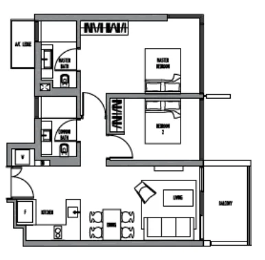 Sennett Residence floor plan, type B1: 2-Bedroom, 850 sq ft