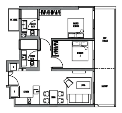 Sennett Residence floor plan, type B2a: 2-Bedroom, 947 sq ft