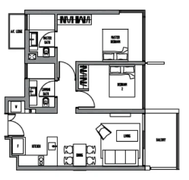 Sennett Residence floor plan, type B2: 2-Bedroom, 818 sq ft