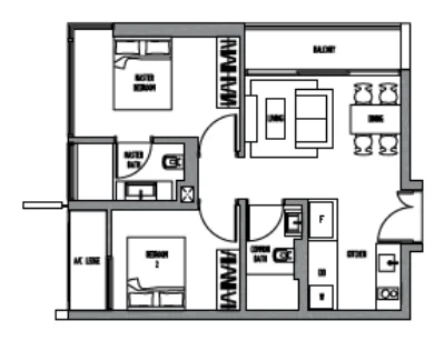 Sennett Residence floor plan, type B3: 2-Bedroom, 711 sq ft