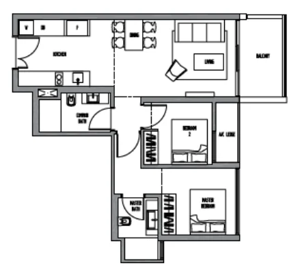 Sennett Residence floor plan, type B8: 2-Bedroom, 818 sq ft